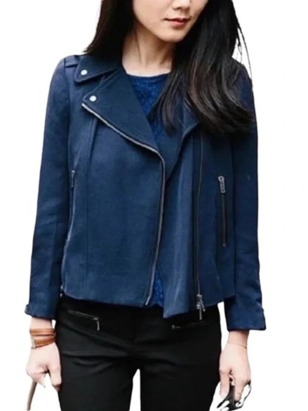 CLUB MONACO Ramona Triacetate Moto Jacket Navy Blue | Size XS